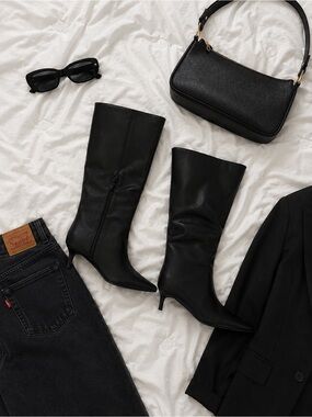 Sleek Black Mid-Calf Pointed-Toe Kitten Heel Boots
